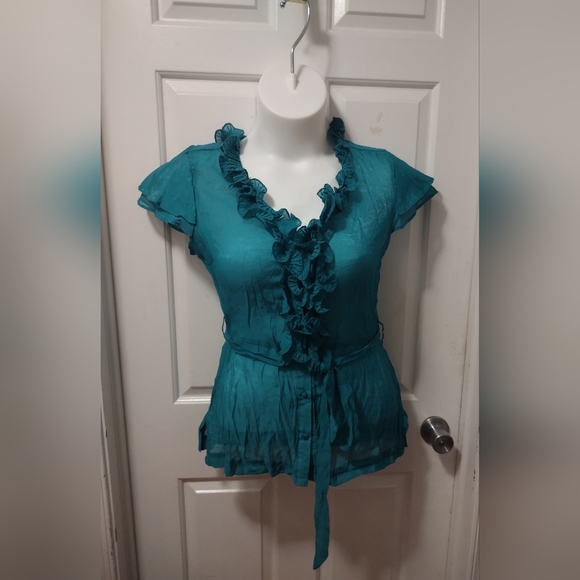 🆕️Y2K Blue Satin Pleated Blouse w. Ruffles Sz XL NWT - Picture 6 of 7